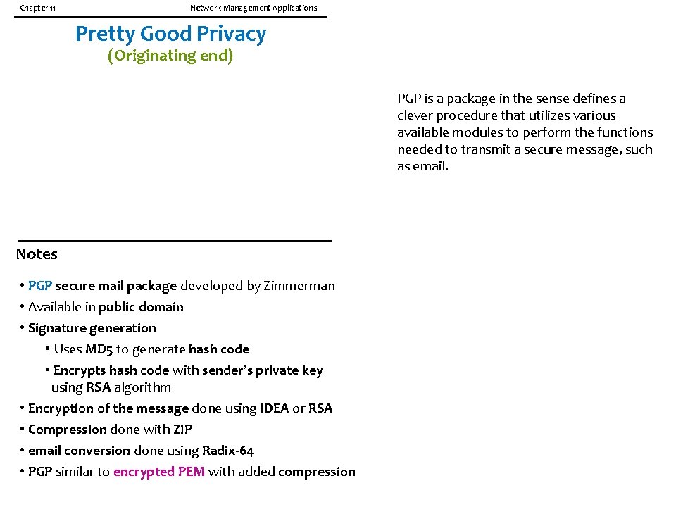 Chapter 11 Network Management Applications Pretty Good Privacy (Originating end) PGP is a package