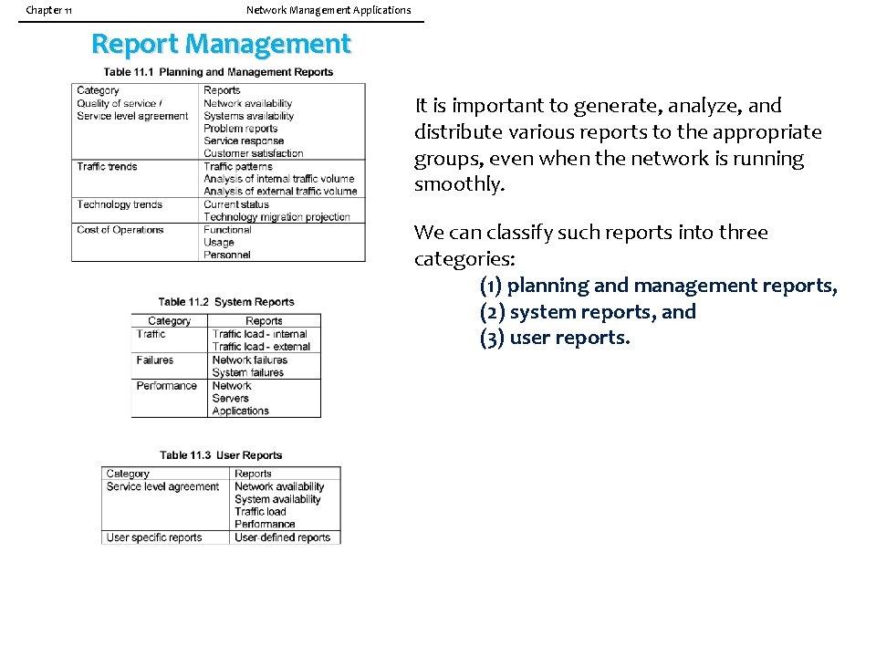 Chapter 11 Network Management Applications Report Management It is important to generate, analyze, and