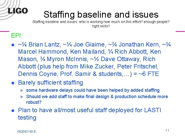 Staffing baseline and issues: who is working how much on this effort? enough people?