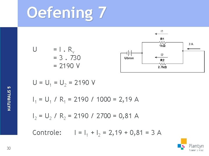 Oefening 7 NATURALIS 5 U = I. Rv = 3. 730 = 2190 V