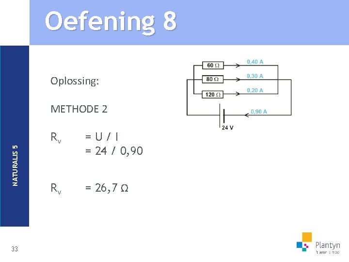 Oefening 8 Oplossing: NATURALIS 5 METHODE 2 33 Rv =U/I = 24 / 0,