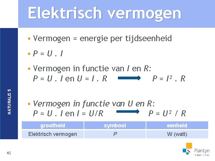 NATURALIS 5 Elektrisch vermogen 40 § Vermogen = energie per tijdseenheid § P=U. I