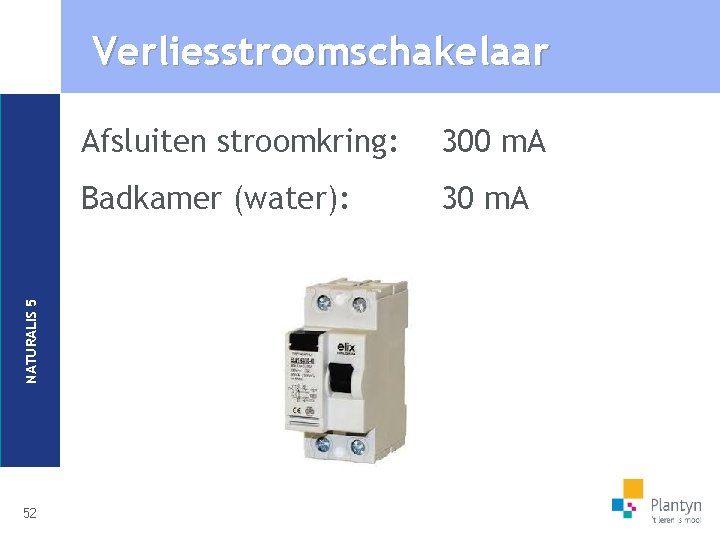 NATURALIS 5 Verliesstroomschakelaar 52 Afsluiten stroomkring: 300 m. A Badkamer (water): 30 m. A