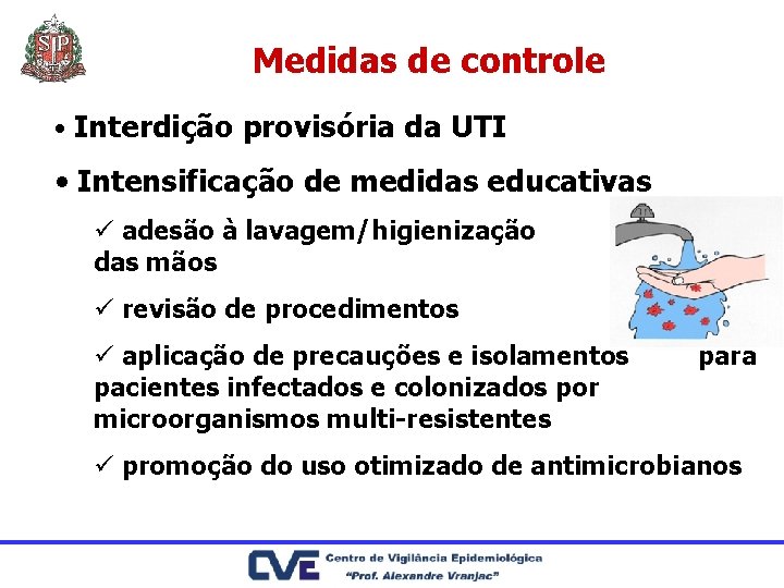Medidas de controle • Interdição provisória da UTI • Intensificação de medidas educativas ü