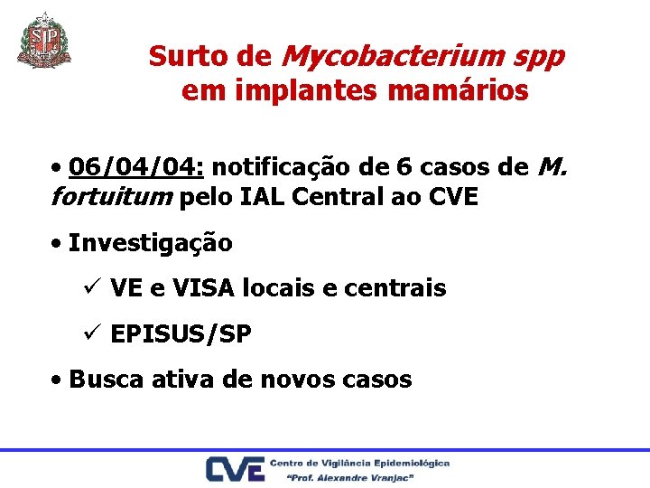 Surto de Mycobacterium spp em implantes mamários • 06/04/04: notificação de 6 casos de