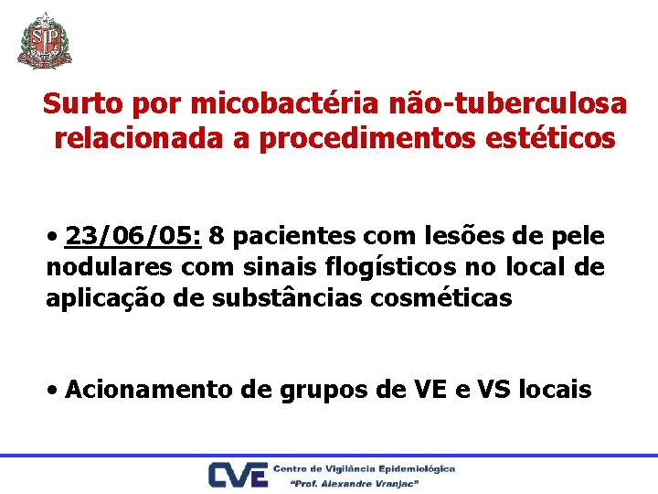 Surto por micobactéria não-tuberculosa relacionada a procedimentos estéticos • 23/06/05: 8 pacientes com lesões