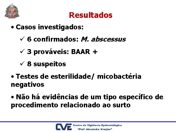 Resultados • Casos investigados: ü 6 confirmados: M. abscessus ü 3 prováveis: BAAR +