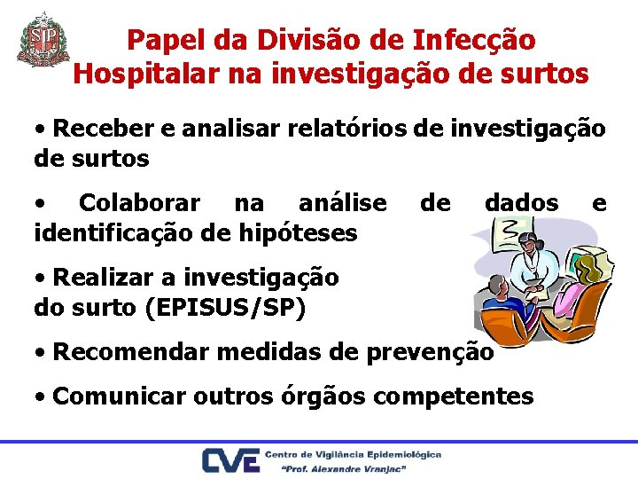 Papel da Divisão de Infecção Hospitalar na investigação de surtos • Receber e analisar