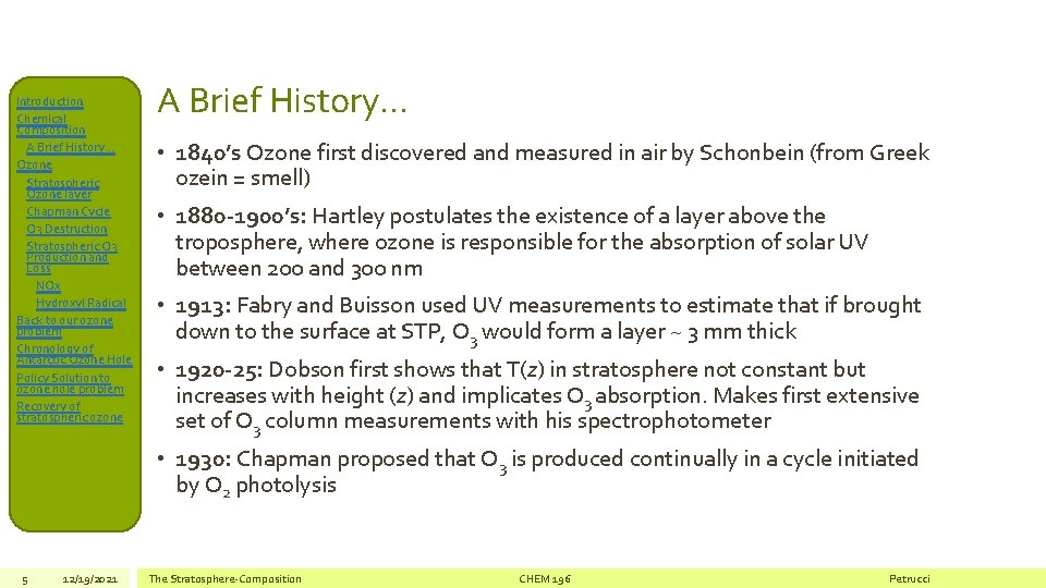 Introduction Chemical Composition A Brief History… Ozone Stratospheric Ozone layer Chapman Cycle O 3