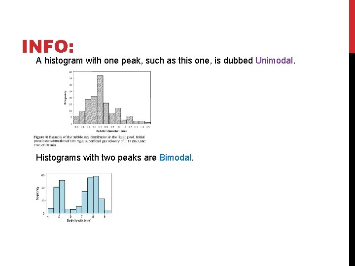INFO: A histogram with one peak, such as this one, is dubbed Unimodal. Histograms INFO: A histogram with one peak, such as this one, is dubbed Unimodal. Histograms