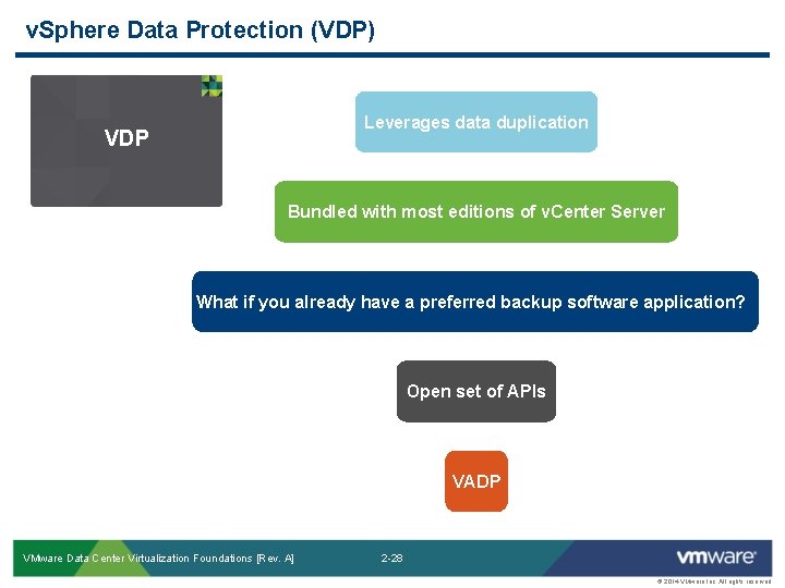 v. Sphere Data Protection (VDP) Leverages data duplication VDP Bundled with most editions of