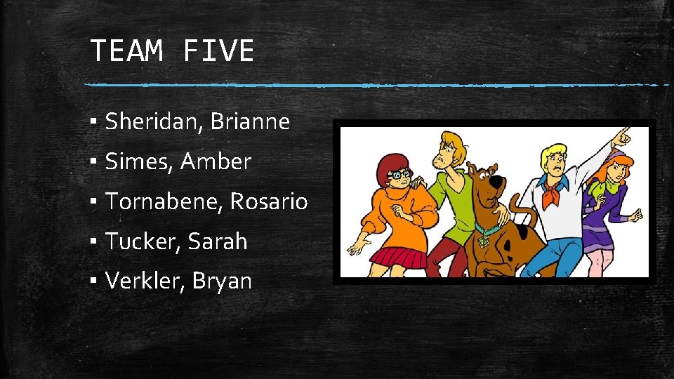 TEAM FIVE ▪ Sheridan, Brianne ▪ Simes, Amber ▪ Tornabene, Rosario ▪ Tucker, Sarah