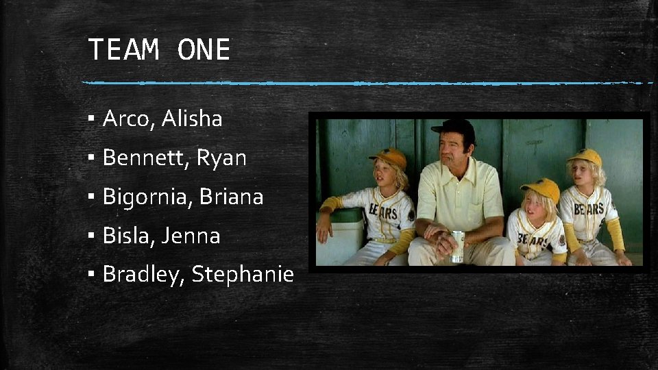 TEAM ONE ▪ Arco, Alisha ▪ Bennett, Ryan ▪ Bigornia, Briana ▪ Bisla, Jenna