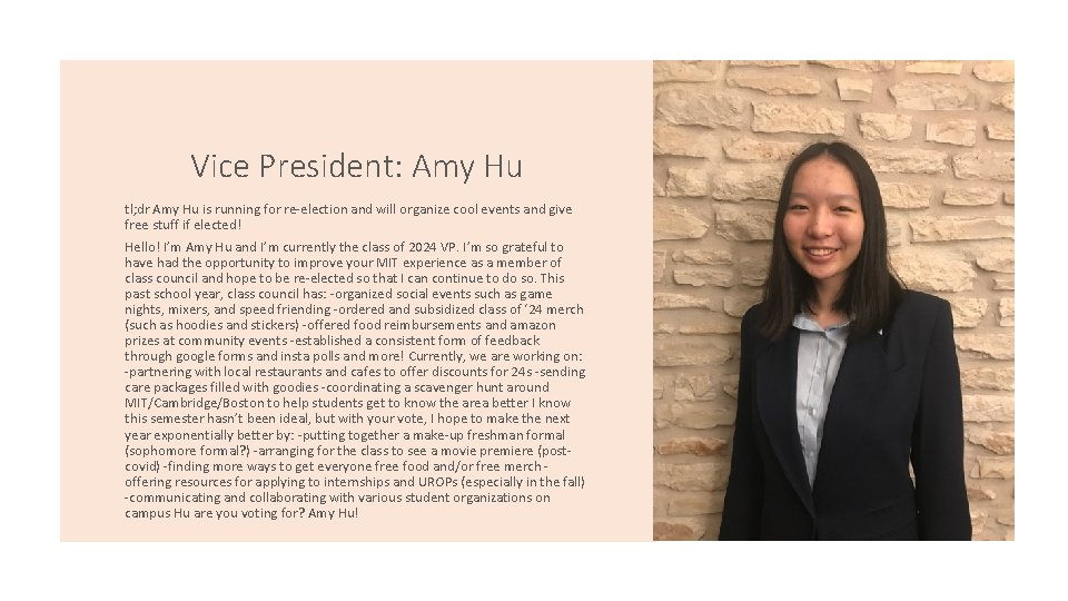 Vice President: Amy Hu tl; dr Amy Hu is running for re-election and will