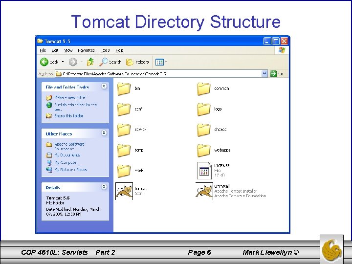 Tomcat Directory Structure COP 4610 L: Servlets – Part 2 Page 6 Mark Llewellyn