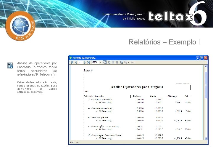 Relatórios – Exemplo I Análise de operadores por Chamada Telefónica, tendo como operadores de