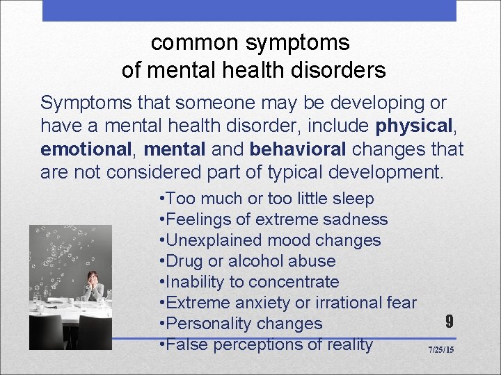 common symptoms of mental health disorders Symptoms that someone may be developing or have common symptoms of mental health disorders Symptoms that someone may be developing or have