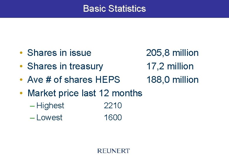 Basic Statistics • • Shares in issue 205, 8 million Shares in treasury 17,
