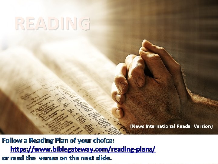 READING (News International Reader Version) Follow a Reading Plan of your choice: https: //www.