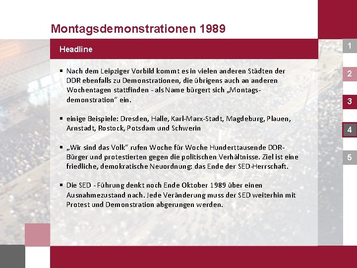 Montagsdemonstrationen 1989 Headline 1 § Nach dem Leipziger Vorbild kommt es in vielen anderen