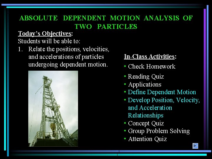 ABSOLUTE DEPENDENT MOTION ANALYSIS OF TWO PARTICLES Today’s Objectives: Students will be able to: