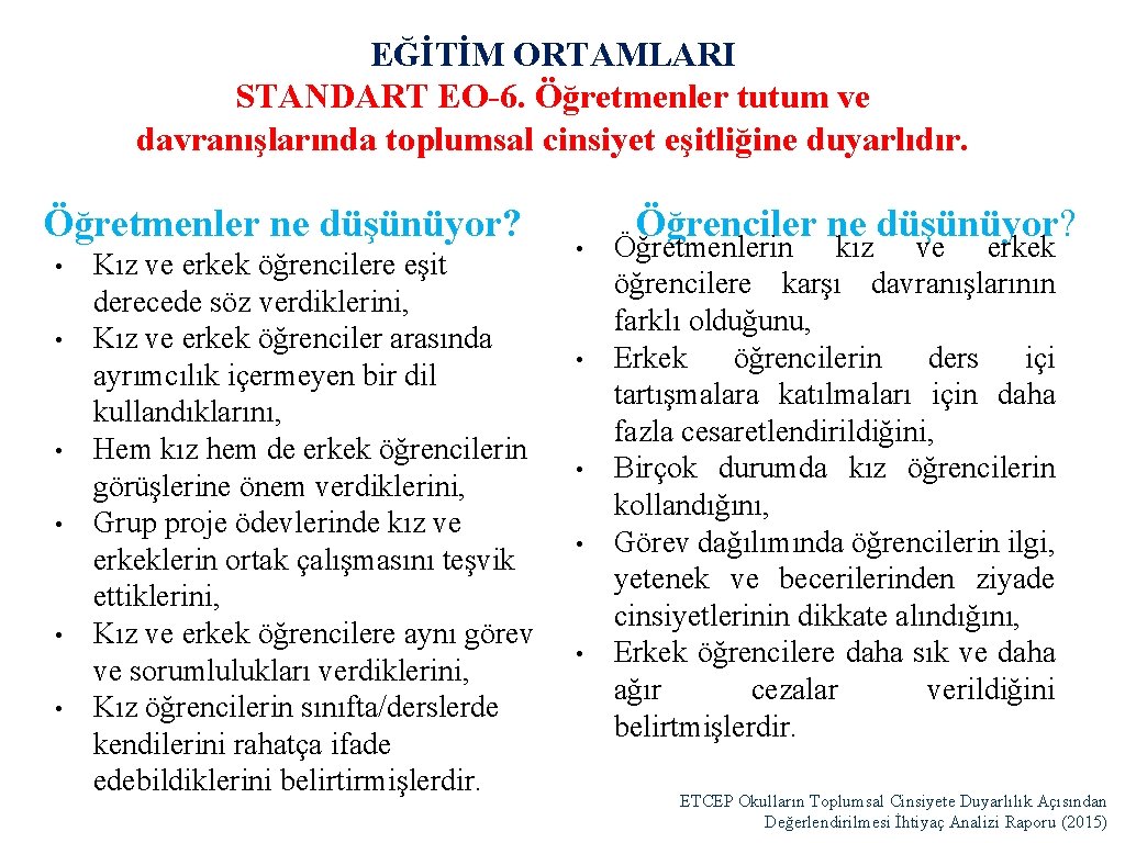 EĞİTİM ORTAMLARI STANDART EO-6. Öğretmenler tutum ve davranışlarında toplumsal cinsiyet eşitliğine duyarlıdır. Öğretmenler ne