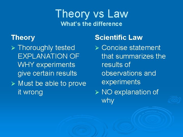 Theory vs Law What’s the difference Theory Ø Thoroughly tested EXPLANATION OF WHY experiments