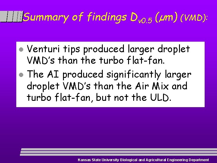 Summary of findings Dv 0. 5 (µm) (VMD): Venturi tips produced larger droplet VMD’s