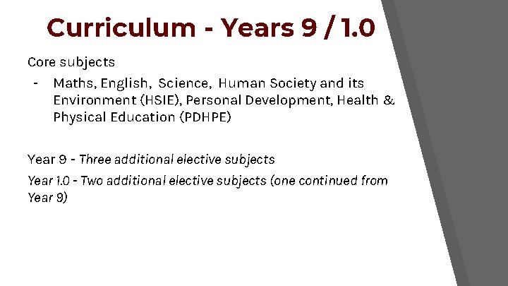 Curriculum - Years 9 / 1. 0 Core subjects - Maths, English, Science, Human
