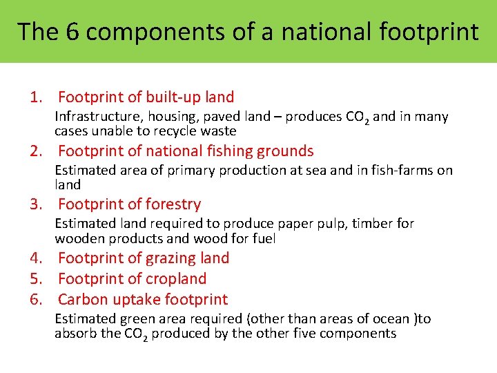 The 6 components of a national footprint 1. Footprint of built-up land Infrastructure, housing, The 6 components of a national footprint 1. Footprint of built-up land Infrastructure, housing,