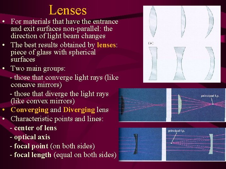 Lenses • For materials that have the entrance and exit surfaces non-parallel: the direction