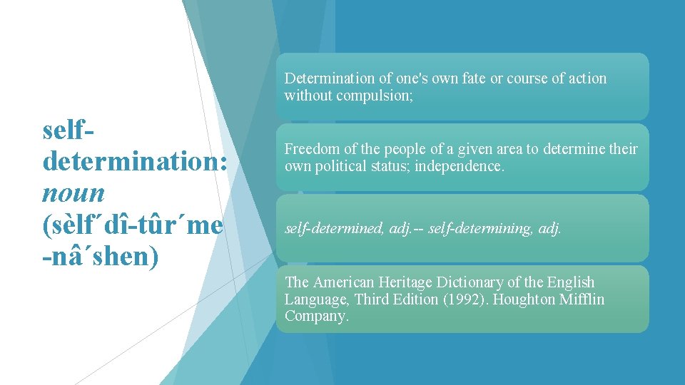 Determination of one's own fate or course of action without compulsion; selfdetermination: noun (sèlf´dî-tûr´me