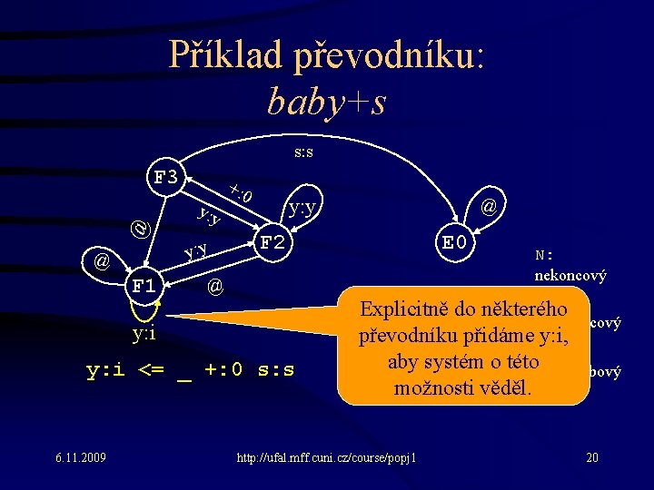 Příklad převodníku: baby+s s: s @ F 3 @ F 1 y: y +: