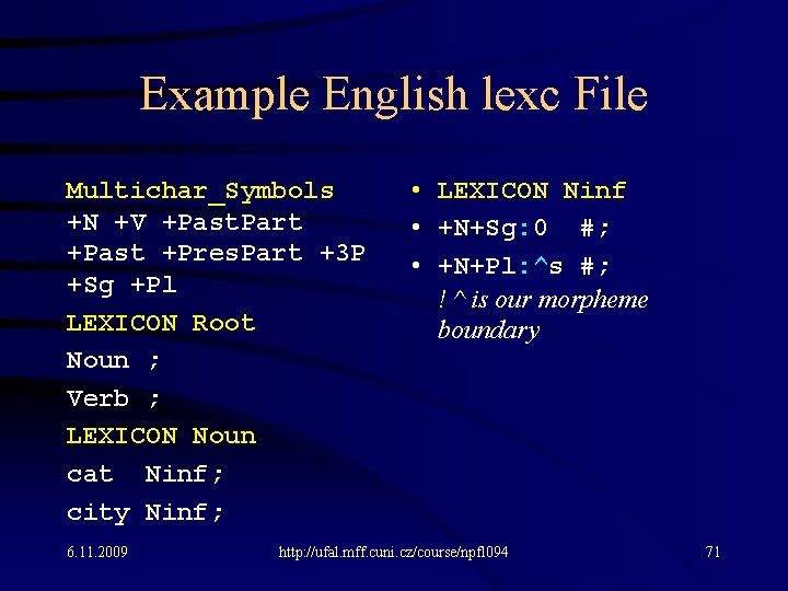 Example English lexc File Multichar_Symbols +N +V +Past. Part +Past +Pres. Part +3 P