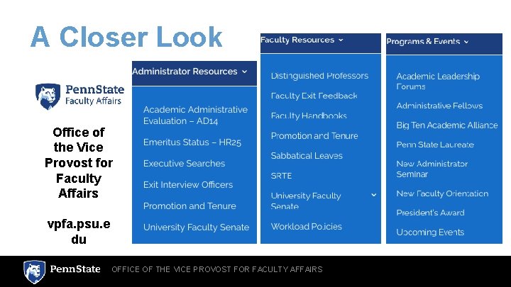 A Closer Look Office of the Vice Provost for Faculty Affairs vpfa. psu. e