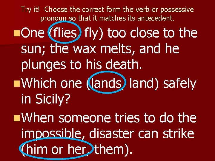 Try it! Choose the correct form the verb or possessive pronoun so that it