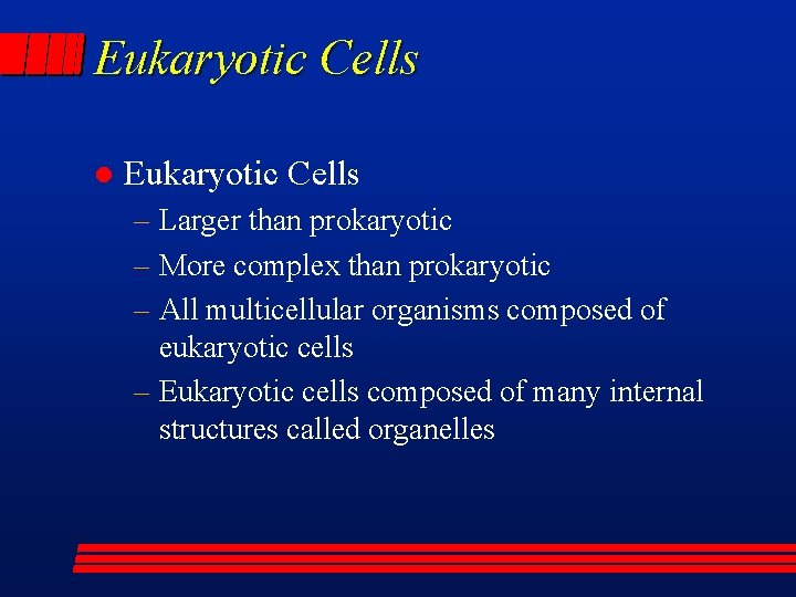 Eukaryotic Cells l Eukaryotic Cells – Larger than prokaryotic – More complex than prokaryotic