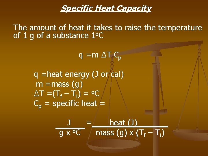 Specific Heat Capacity The amount of heat it takes to raise the temperature of