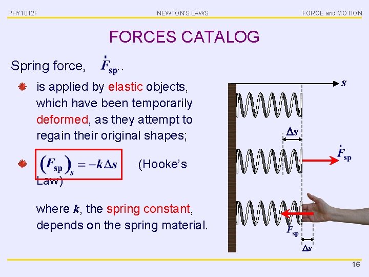 PHY 1012 F NEWTON’S LAWS FORCE and MOTION FORCES CATALOG Spring force, … is