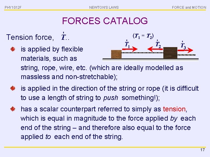 PHY 1012 F NEWTON’S LAWS FORCE and MOTION FORCES CATALOG Tension force, … (T