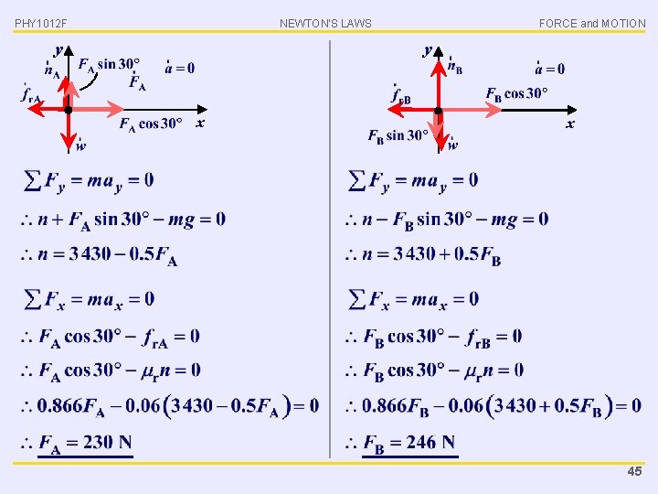 PHY 1012 F NEWTON’S LAWS y FORCE and MOTION y x x 45 