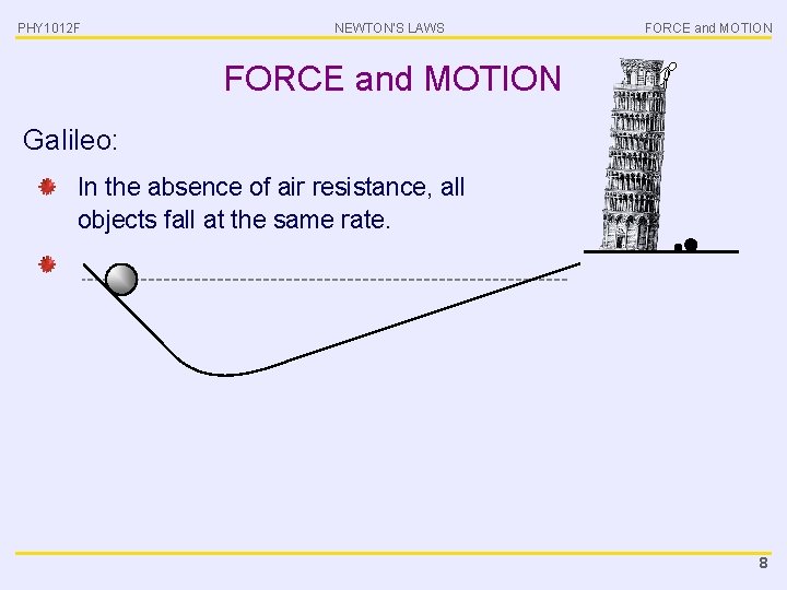 PHY 1012 F NEWTON’S LAWS FORCE and MOTION Galileo: In the absence of air