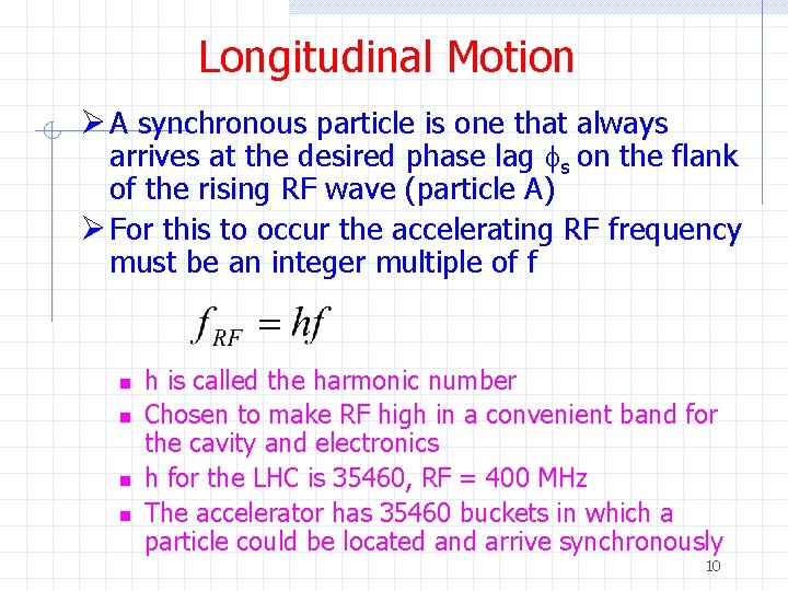Longitudinal Motion Ø A synchronous particle is one that always arrives at the desired