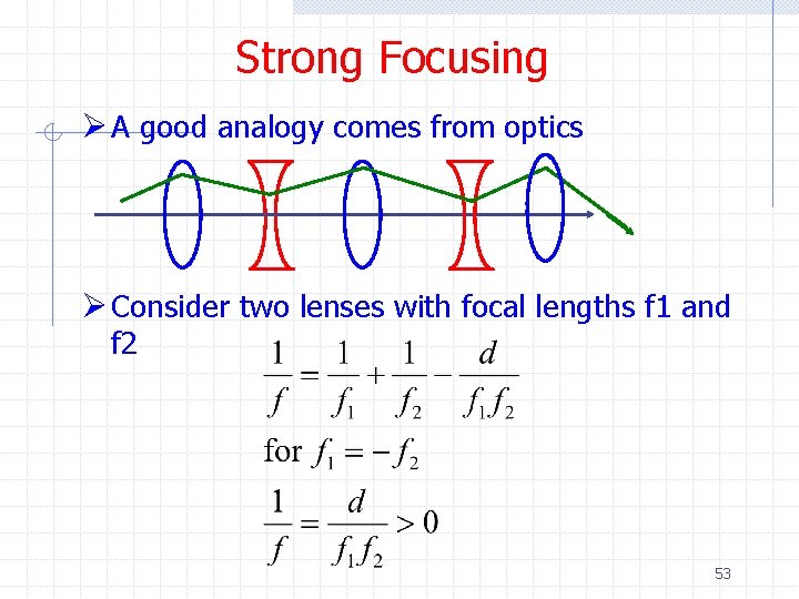 Strong Focusing Ø A good analogy comes from optics Ø Consider two lenses with