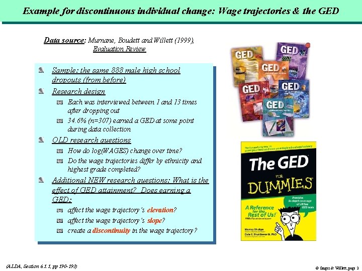 Example for discontinuous individual change: Wage trajectories & the GED Data source: Murnane, Boudett Example for discontinuous individual change: Wage trajectories & the GED Data source: Murnane, Boudett