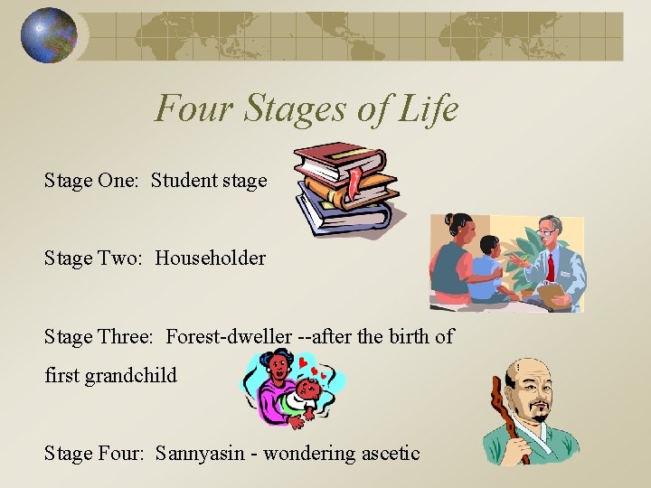 Four Stages of Life Stage One: Student stage Stage Two: Householder Stage Three: Forest-dweller