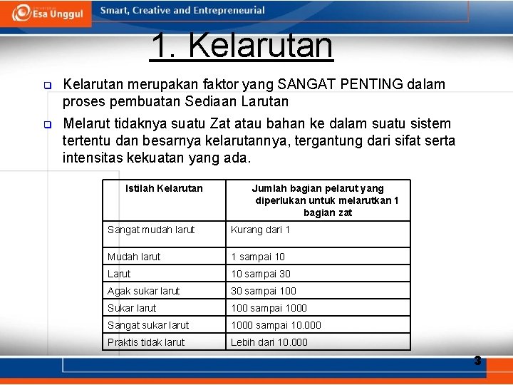 1. Kelarutan q Kelarutan merupakan faktor yang SANGAT PENTING dalam proses pembuatan Sediaan Larutan