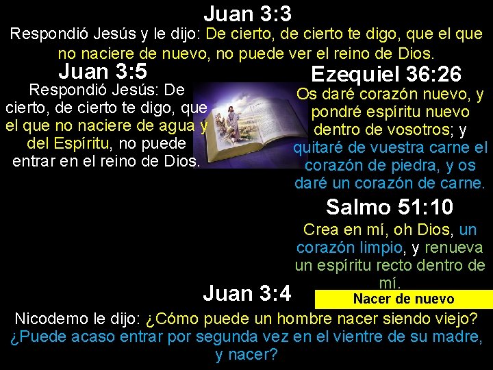 Juan 3: 3 Respondió Jesús y le dijo: De cierto, de cierto te digo,