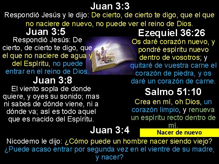 Juan 3: 3 Respondió Jesús y le dijo: De cierto, de cierto te digo,