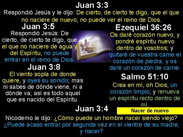 Juan 3: 3 Respondió Jesús y le dijo: De cierto, de cierto te digo,